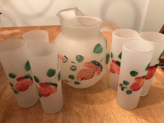 Vintage Hand Painted Roses Frosted Water Glass Pitcher Six Glasses Tumblers Set
