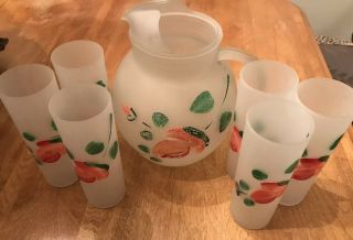 Vintage Hand Painted Roses Frosted Water Glass Pitcher Six Glasses Tumblers Set 2