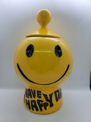 Vintage Mccoy Smiley Face Cookie Jar Usa Pottery Have A Happy Day With Lid1970 