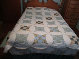 Vintage Blue/green & Tan Prints Hand Quilted Nine Patch Quilt 81 " X 81 "