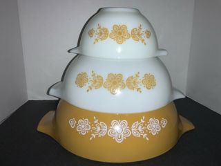 Vintage Pyrex Nesting Mixing Bowls Butterfly Gold With Cinderella Tabs Set Of 3