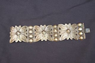 Vintage Old Mexican Sterling Silver Jewelry Butterfly Flower Wide Cuff Bracelet