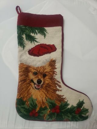 Vtg Wool Needlepoint Pomeranian Embroidered Christmas Stocking 19 " Velvet Back