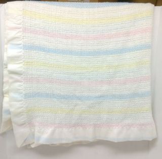 Vtg 100 Acrylic Rainbow Waffle Open Weave Baby Blanket Nylon Trim Unisex 36x45