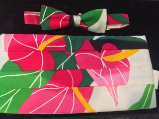 Vintage Hand Dyed Batik Style Tropical Floral Bow Tie & Cummerbund Set