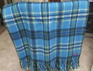 Vintage Pendleton Blue And Green Plaid Wool Throw Blanket With Fringe