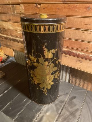 Vintage 21” Tall Metal Trash Can With Lid Painted Design Black Gold Flowers