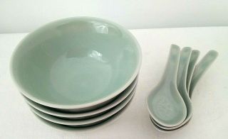 4 Vintage Lillian Vernon Celadon Green Ceramic Soup Rice Bowls & 4 Spoons Koi