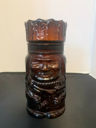 Vintage Native American Indian Chief Brown Amber Glass Jar Canister Humidor