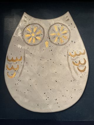 Vintage Anthropologie Owl Trivet Hotplate Stand Gold Eyes Portugal Pottery Heavy