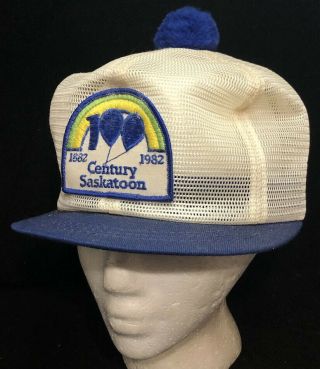 Vtg Century Saskatoon Mesh Trucker Hat Snapback Patch K Brand Short Bill Pom Cap