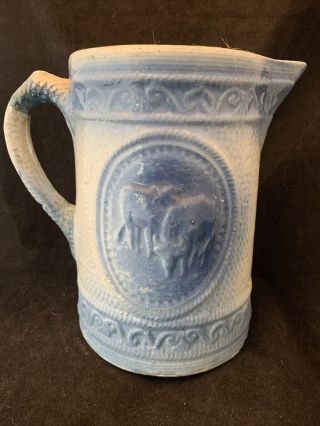 Large Vintage Salt Glaze Blue & White Stoneware Cows Milk Pitcher - 1800s 122