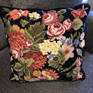 Vintage Handmade Needlepoint Pillow 16 " Sq Multicolor Flowers On Black Zip Back