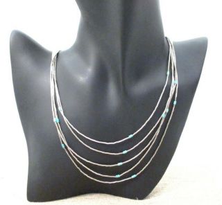 Vintage Navajo 5 - Strand Liquid Sterling Silver Turquoise Beads Necklace - 20.  25 "