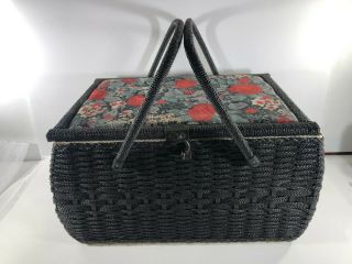 Vintage Black Wicker 2 Handle Sewing Basket Floral Tapestry Lined