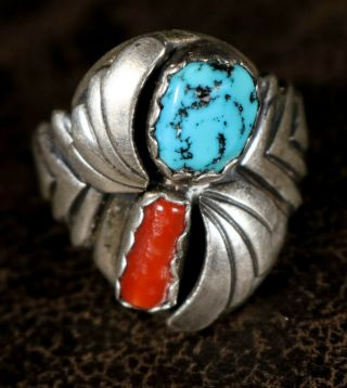 Vintage Handmade Navajo Turquoise Coral Southwestern Ring Cigar Band Sz 12.  5