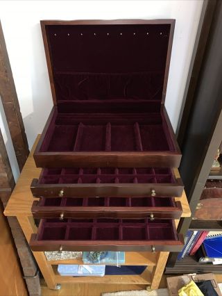 Vintage Large Eureka Usa Mahogany Wood Jewelry Chest Box - 3 Drawers &top Open