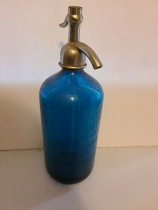 Vintage Blue Seltzer Bottle Etched Community Beverage Elmhurst Illonois