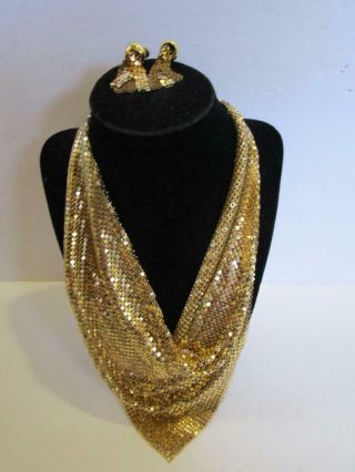 Vintage Whiting And Davis Gold Tone Metal Mesh Collar Bib Necklace Earrings Set