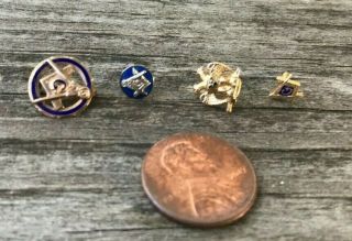 4 Vintage Tiny Freemason Masonic Pins 2 14k Gold 1 10k Gold Top,  1 Unknown Rare