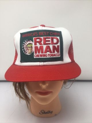 Vintage Red Man Chewing Tobacco Patch Hat Logo Usa Snap Back Trucker Vent Cap