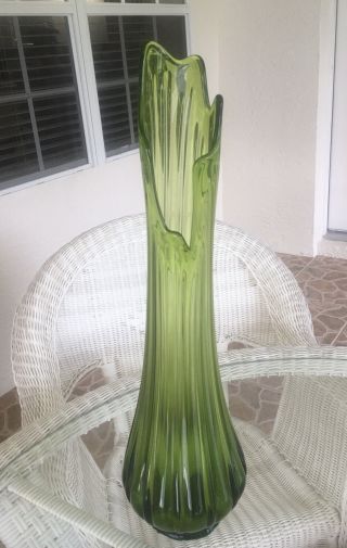 Vtg Mcm Mid Century Green Art Glass Stretch Swung Vase 22.  5 Tall Le Smith