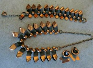 Vintage Mid Century Modernist Brutalist Copper Necklace Bracelet Clip Earrings 2