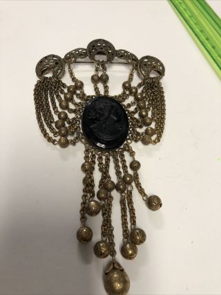 Vintage 1920 Brass Black Jet Cameo 6”victorian Mourning Jewelry Pendant Brooch