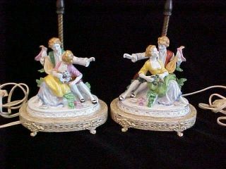 Vintage Pair Porcelain Victorian Courting Couple Figural 12 " Lamps Metal Base