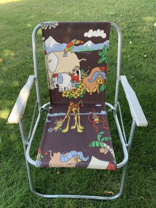 Vtg Childs Folding Aluminum Lawn Chair Cloth Seat Zoo Animal Pattern 70s Em Gee