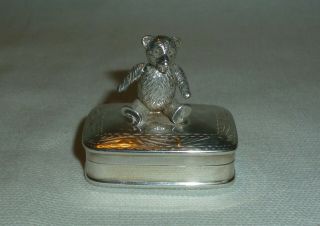 Vintage Silver Pill Box With Miniature Teddy On Lid,  925 Grade,  Mid 20th Century