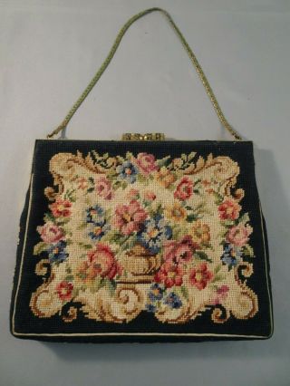 Vintage Jolles Petit Point Tapestry Austria Purse Floral Mirror & Coin