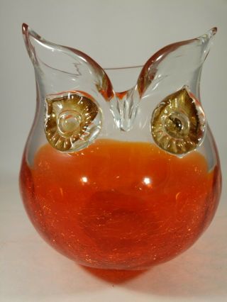 Vintage Crackle Glass Murano Style Hand Blown Owl Vase.  Orange Base.  Glass Eyes