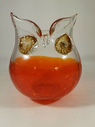 Vintage Crackle Glass Murano Style Hand Blown Owl Vase.  Orange base.  Glass eyes 2