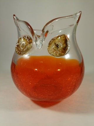 Vintage Crackle Glass Murano Style Hand Blown Owl Vase.  Orange base.  Glass eyes 3