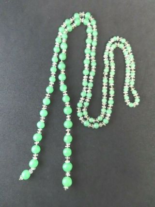 Vtg Art Deco Czech Jade Green Glass Cut Clear Crystal Bead Lariat 46 "