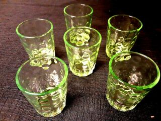 Vintage Federal Glass Raindrop Uranium Green Depression Shot Glasses Set Of Six