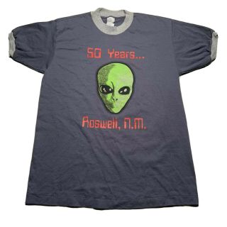 Vintage 80s 90s Mens Medium 50 Years Roswell Nm Alien Ringer T Shirt Graphic