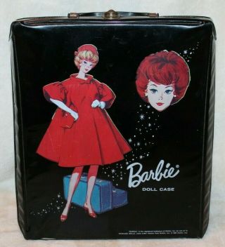 Vtg 1960s Mattel Barbie Doll Black Trunk Carrying Travel Case 1964 Red Flare