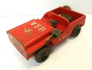 Vintage Wood Commodities Corp.  Commando Toys Rare Red Wood Toy Army Jeep W/ Gun