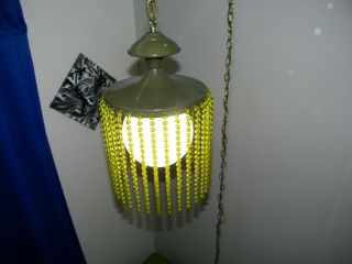 Vintage ’60s - ’70s Swag Light - Green Metal Shade,  Bead Fringe & Chain