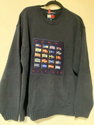 Vintage Tommy Hilfiger Xl Flags Of The World Sweater Navy Blue Spell Out Logo