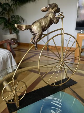 Vtg Retro Style Metal Bicycle & Dog Figurine On Metal Base Large Wheel 18” Euc