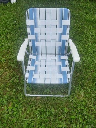 Vintage Aluminum Folding Lawn Chair Woven Webbed Blue And White
