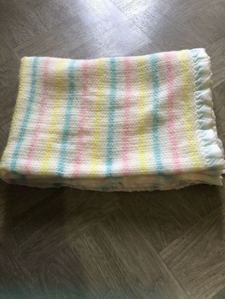 Beacon Baby Blanket Pastel Stripe Acrylic Satin Trim Open Weave Wpl 1675 Vintage