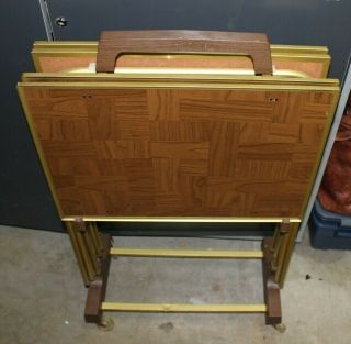Vintage Mid - Century Tv Tray Set (4) - Faux Wood - Paneled Trays