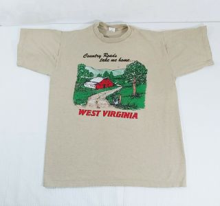 Vtg Country Roads Take Me Home West Virginia Graphic T - Shirt Single Stitch Med.