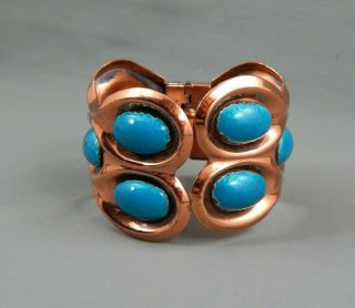 Vintage Signed Matisse Renoir Copper Blue Enamel Hinged Clamper Cuff Bracelet