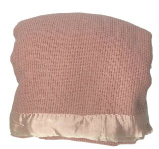 Vintage Acrylic Blanket Waffle Weave Satin Trim Rose Pink Queen King