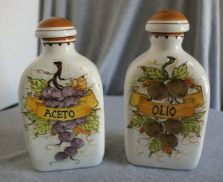 Vintage La Cava Firenze Italy Stoneware Olive Oil " Olio " & Vinegar " Aceto " Jugs